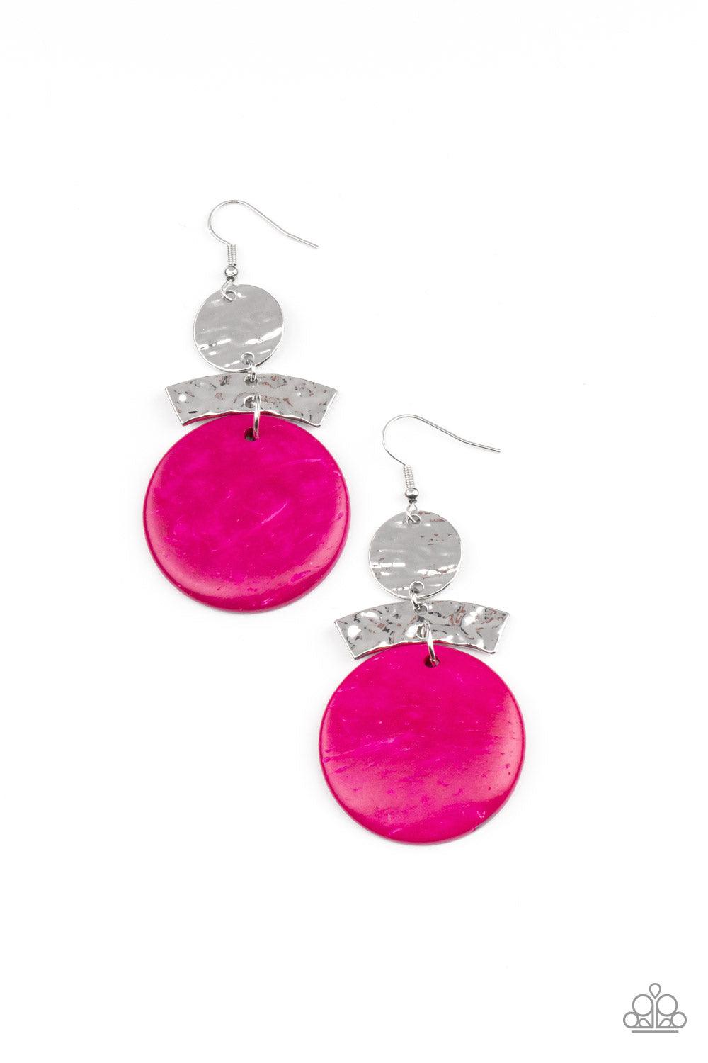 Paparazzi Accessories Diva Of My Domain - Pink Featuring a distressed pink finish, a wooden disc swings from the bottom of a hammered curved plate and hammered silver disc, coalescing into an earthy lure. Earring attaches to a standard fishhook fitting. S