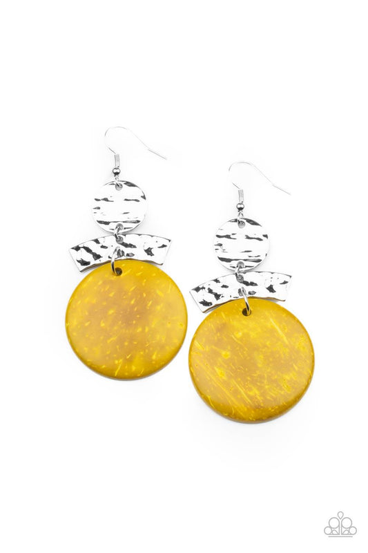 Paparazzi Accessories Diva Of My Domain - Yellow Featuring a distressed yellow finish, a wooden disc swings from the bottom of a hammered curved plate and hammered silver disc, coalescing into an earthy lure. Earring attaches to a standard fishhook fittin
