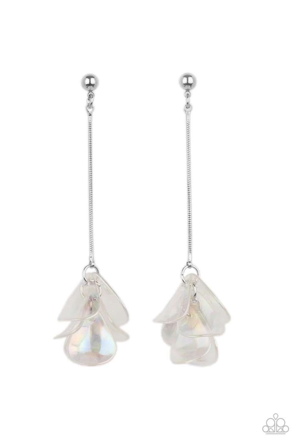Paparazzi Accessories Keep Them In Suspense - Multi Iridescent acrylic petals delicately cluster at the bottom of a shiny silver chain, creating an ethereal tassel. Earring attaches to a standard post fitting. Sold as one pair of post earrings. Jewelry
