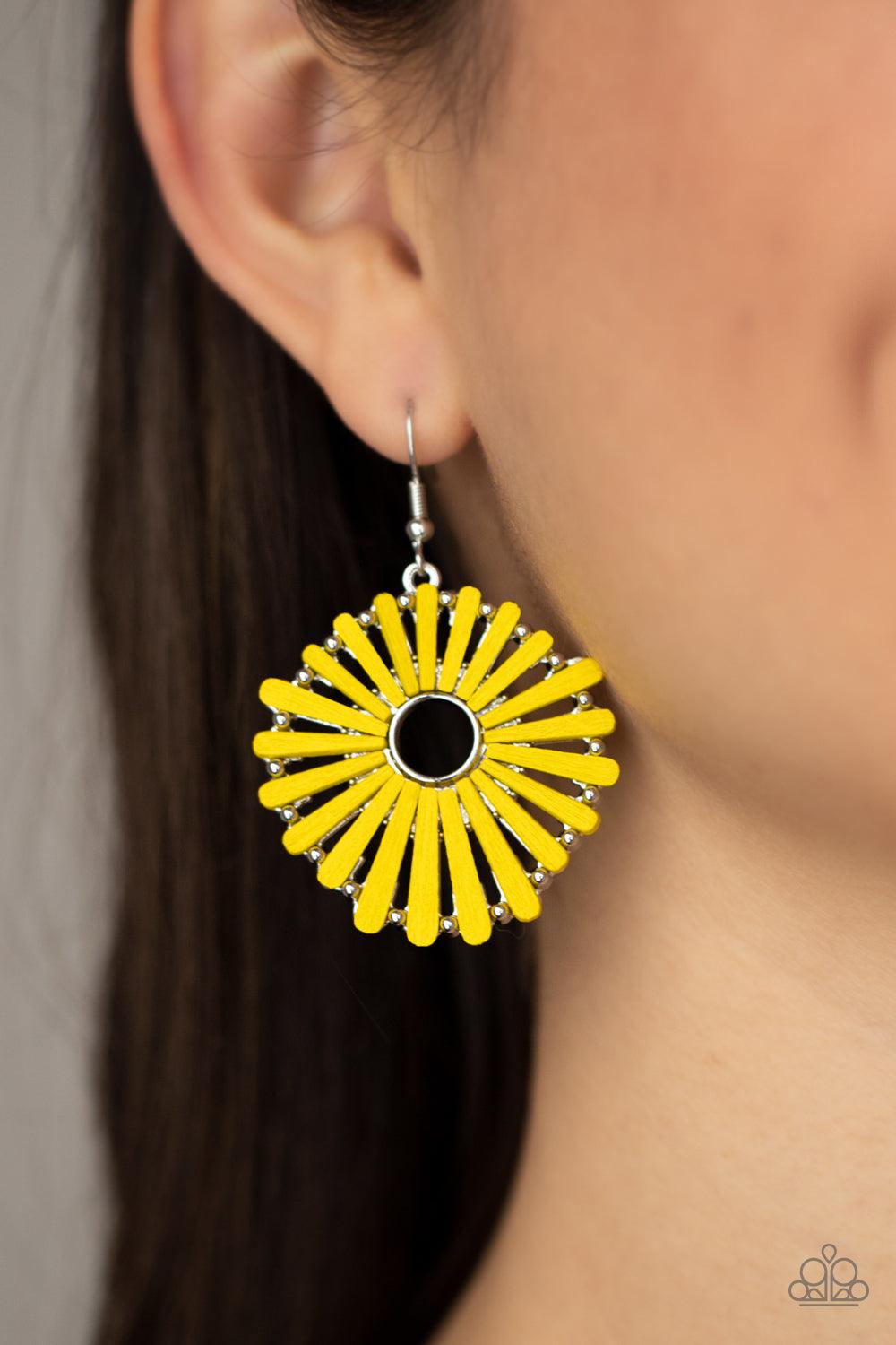 Paparazzi Accessories SPOKE Too Soon - Yellow Painted in a sunny yellow finish, petal-like wooden frames asymmetrically flare out from an airy silver center, creating a rustic floral display. Earring attaches to a standard fishhook fitting. Sold as one pa