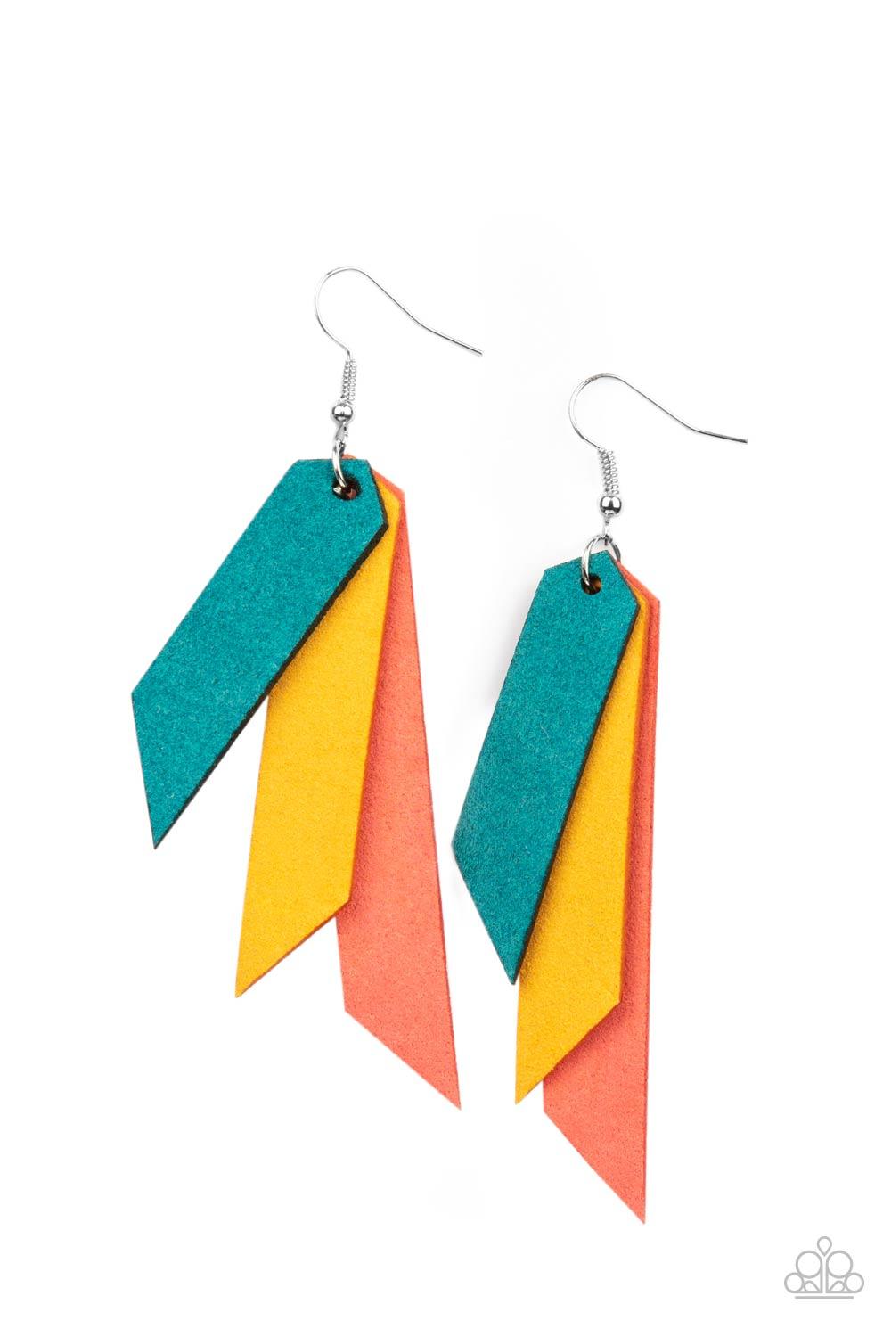 Paparazzi Accessories Suede Shade - Multi Featuring angled edges, a colorful collection of blue, coral, and yellow suede leather frames layer into a tapered tassel for a seasonal effect. Earring attaches to a standard fishhook fitting. Sold as one pair of