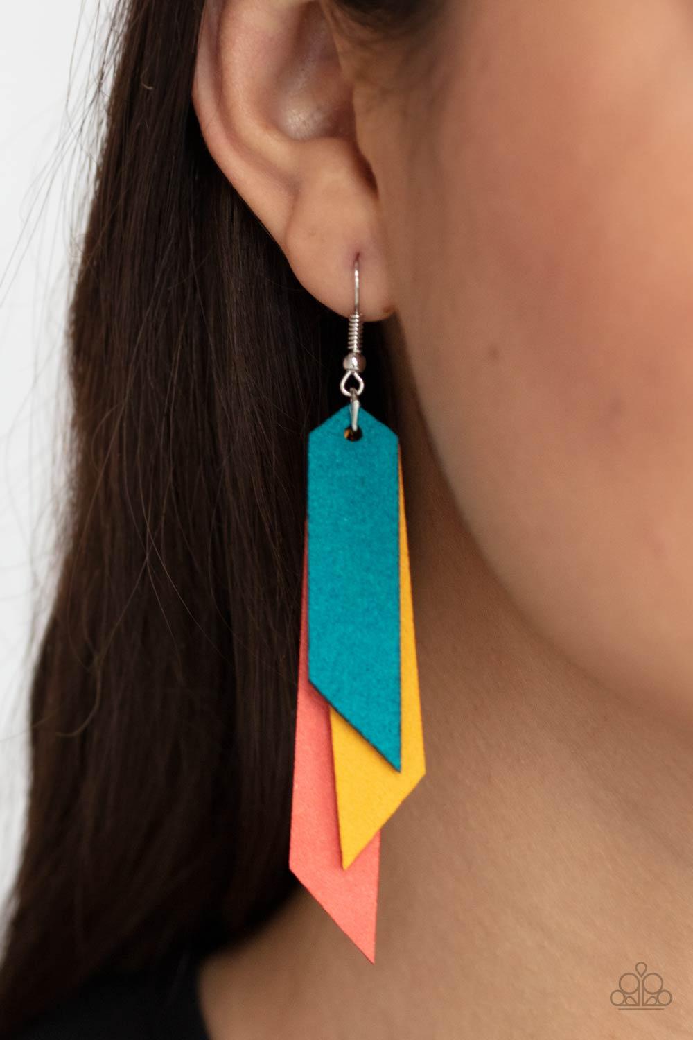 Paparazzi Accessories Suede Shade - Multi Featuring angled edges, a colorful collection of blue, coral, and yellow suede leather frames layer into a tapered tassel for a seasonal effect. Earring attaches to a standard fishhook fitting. Sold as one pair of
