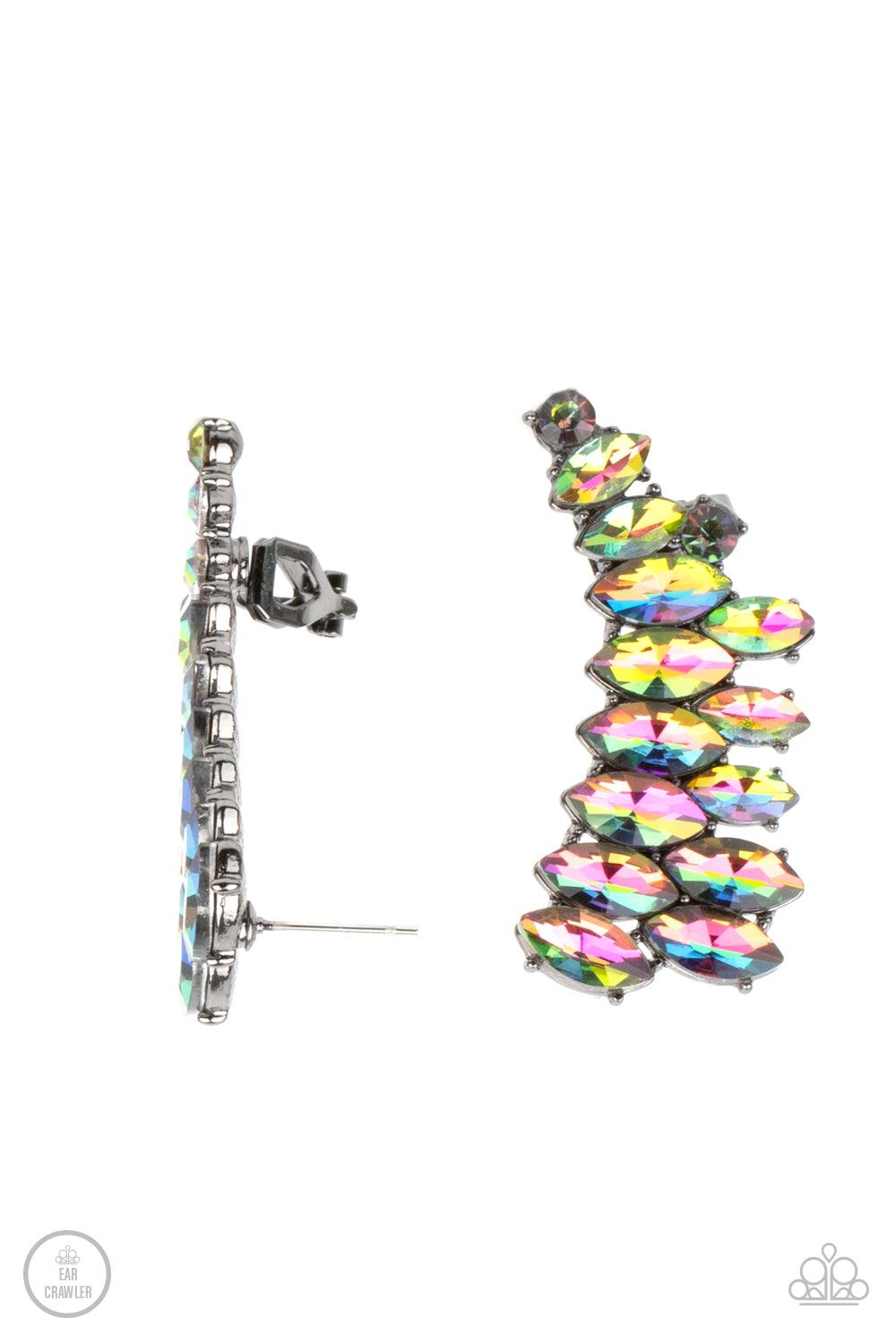 Paparazzi Accessories Explosive Elegance - Multi An explosion of marquise-cut oil spill rhinestones delicately climb the ear, coalescing into a smoldering frame. Earring attaches to a standard post fitting. Features a clip-on fitting at the top for a secu