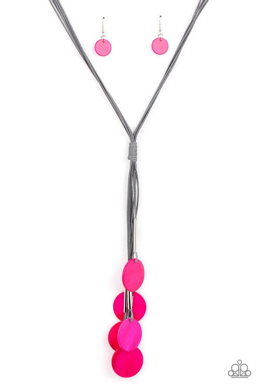 Paparazzi Accessories Tidal Tassels - Pink Featuring cylindrical silver accents, iridescent pink shell-like discs swing from the ends of knotted Ultimate Gray cords, creating a flamboyant tassel. Features an adjustable sliding knot closure. Sold as one in