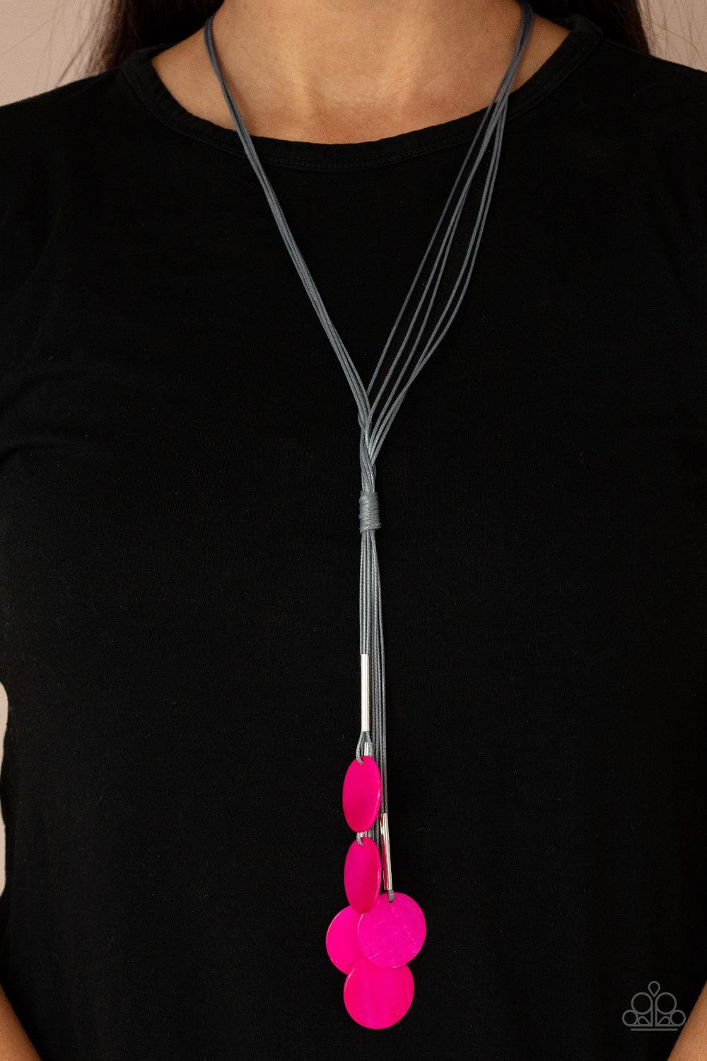 Paparazzi Accessories Tidal Tassels - Pink Featuring cylindrical silver accents, iridescent pink shell-like discs swing from the ends of knotted Ultimate Gray cords, creating a flamboyant tassel. Features an adjustable sliding knot closure. Sold as one in