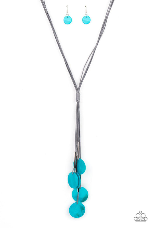 Paparazzi Accessories Tidal Tassels - Blue Featuring cylindrical silver accents, iridescent blue shell-like discs swing from the ends of knotted Ultimate Gray cords, creating a colorful tassel. Features an adjustable sliding knot closure. Sold as one indi