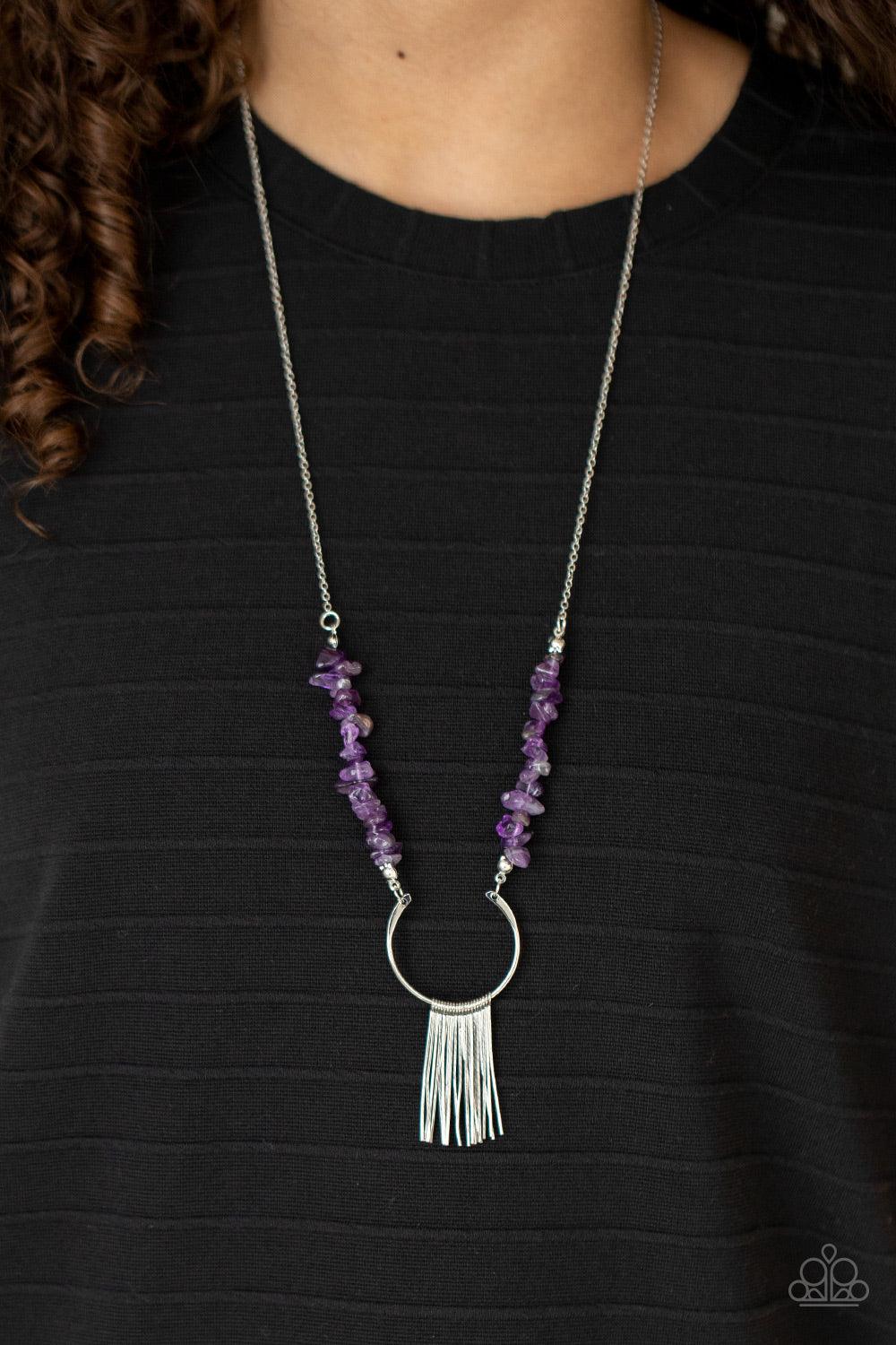 Paparazzi Accessories With Your ART and Soul - Purple Dainty silver rods swing from the bottom of a bowing silver fitting that attaches to sections of Amethyst Orchid pebbles at the bottom of a silver chain, creating a whimsically seasonal display. Featur