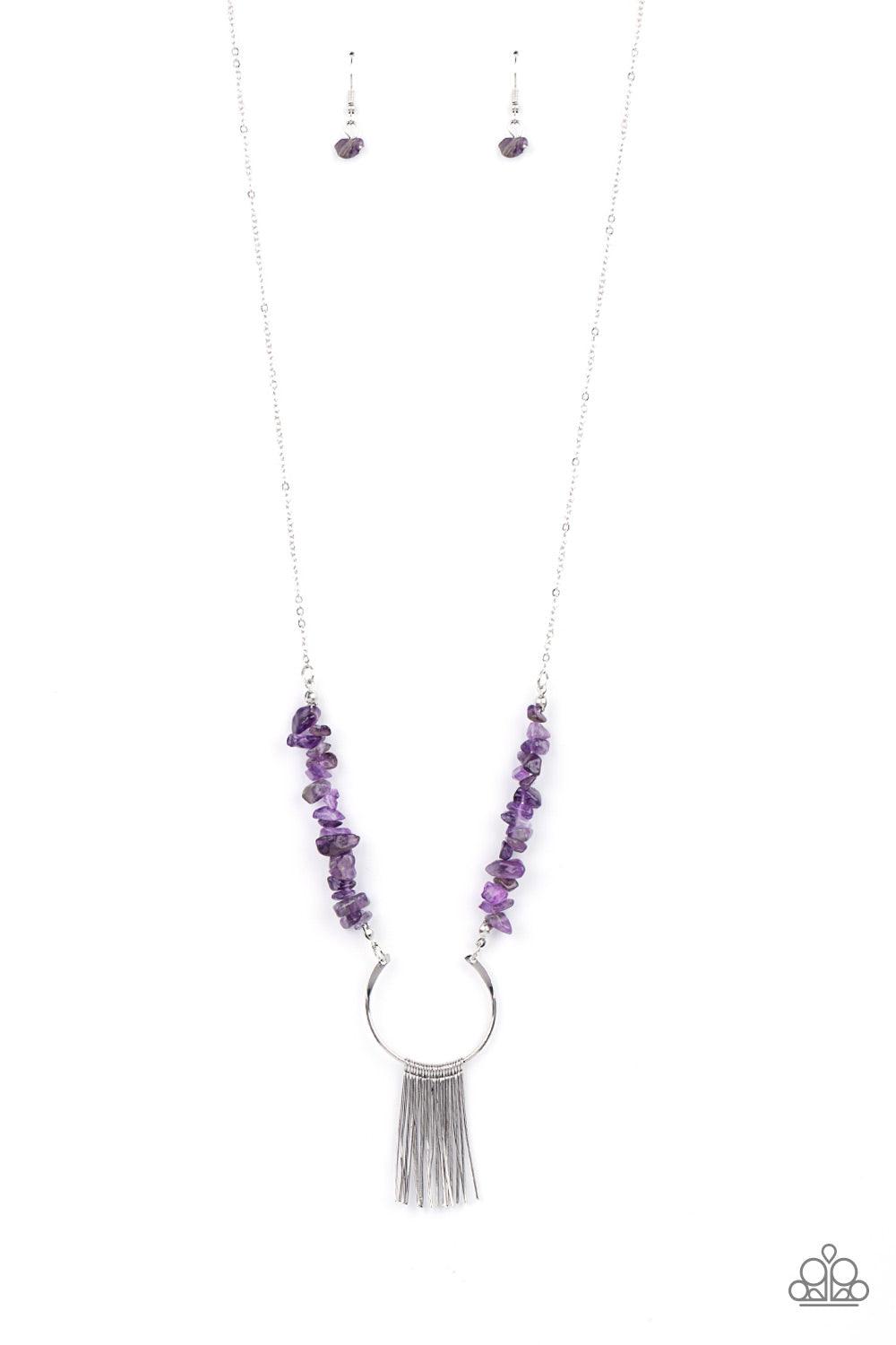 Paparazzi Accessories With Your ART and Soul - Purple Dainty silver rods swing from the bottom of a bowing silver fitting that attaches to sections of Amethyst Orchid pebbles at the bottom of a silver chain, creating a whimsically seasonal display. Featur