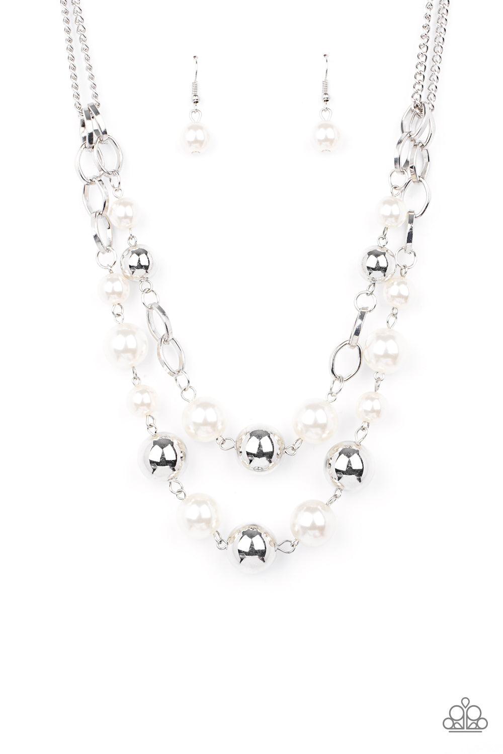 Paparazzi Accessories COUNTESS Your Blessings - White Sections of oversized silver chains, white pearls, and shiny silver beads haphazardly link into two timeless layers below the collar, creating a dramatically refined display. Features an adjustable cla