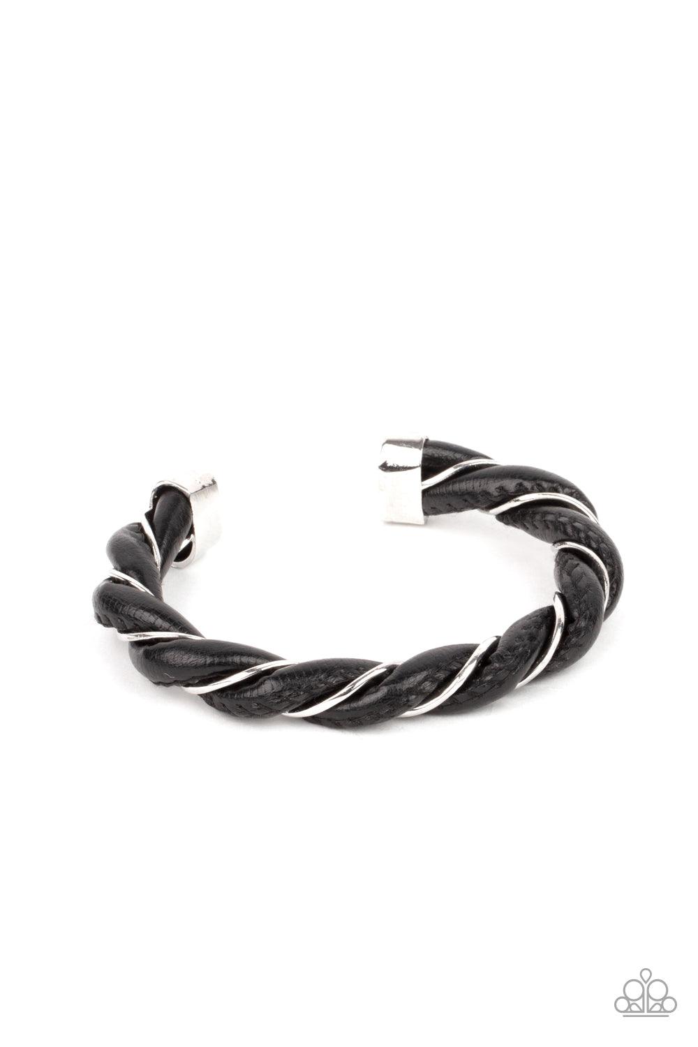 Paparazzi Accessories Rebel Relic - Black Capped in bold silver fittings, a dainty silver wire and a black leathery cord spin into an edgy cuff around the wrist. Sold as one individual bracelet. Jewelry