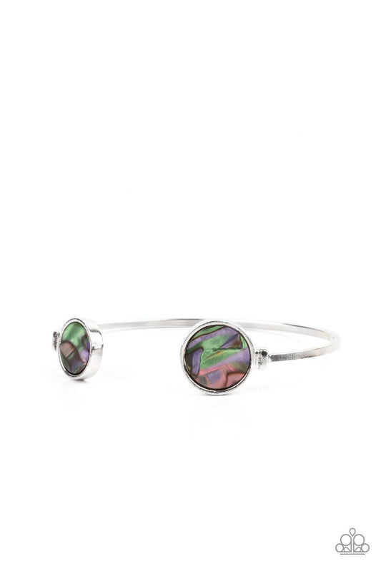 Paparazzi Accessories Space Oracle - Multi Encased in sleek silver frames, iridescent multicolored shell-like fittings adorn the ends of a dainty silver cuff, creating a colorful open-face display. Sold as one individual bracelet. Bracelets