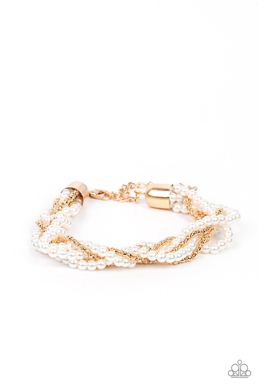 Paparazzi Accessories Vintage Variation - Gold Capped in gold fittings, strands of bubbly white pearls and dainty gold popcorn chains delicately weave around the wrist, creating an elegantly effervescent display. Features an adjustable clasp closure. Sold