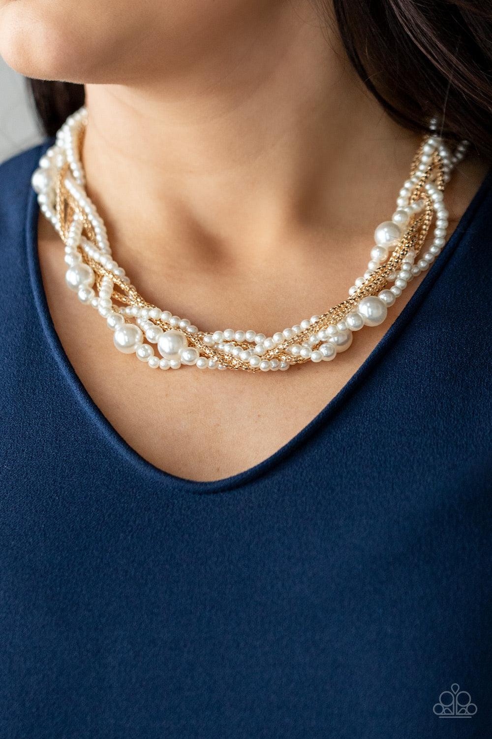 Paparazzi Accessories Royal Reminiscence - Gold Capped in gold fittings, strands of bubbly white pearls and dainty gold popcorn chains delicately weave below the collar, creating an elegantly effervescent centerpiece. Features an adjustable clasp closure.