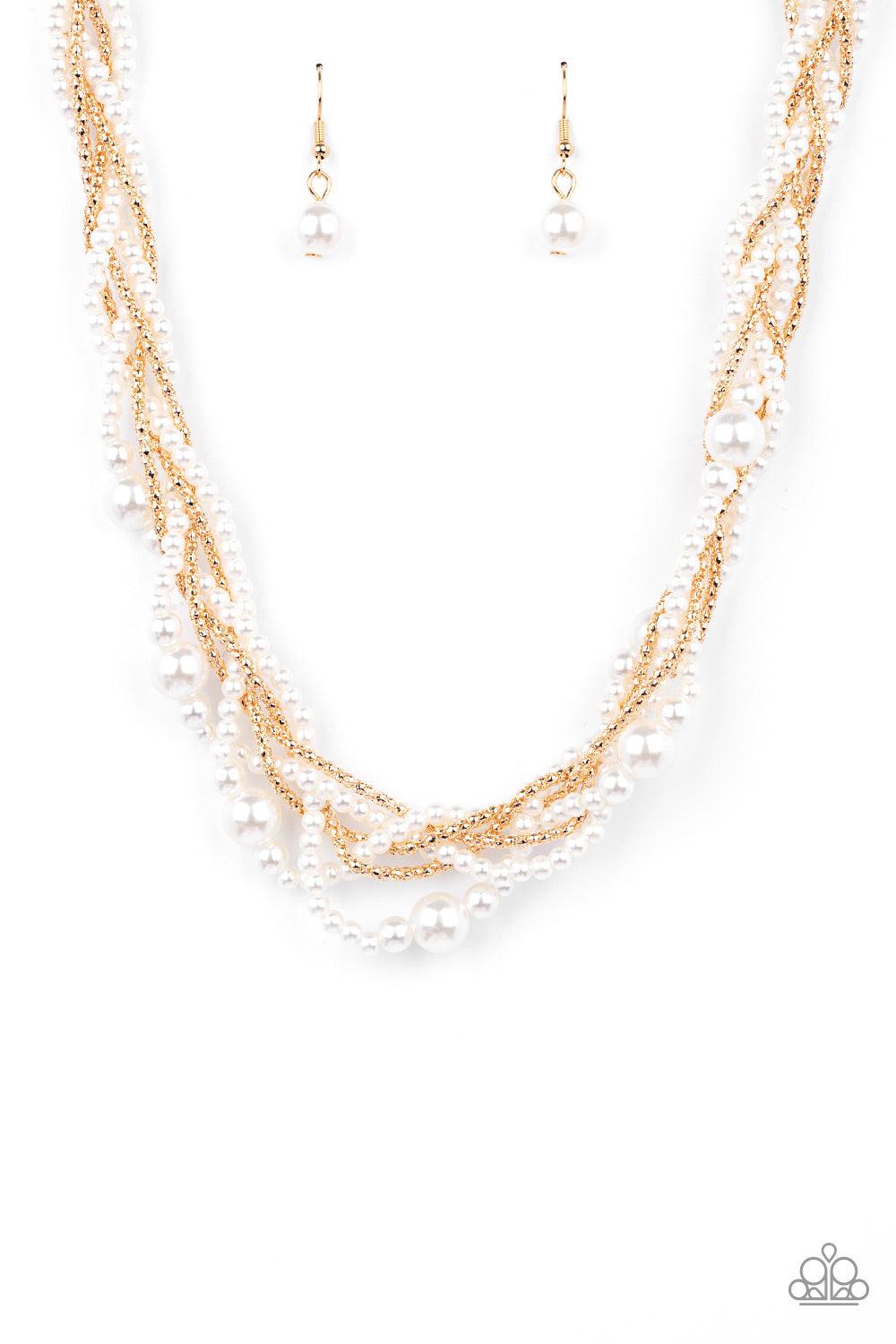 Paparazzi Accessories Royal Reminiscence - Gold Capped in gold fittings, strands of bubbly white pearls and dainty gold popcorn chains delicately weave below the collar, creating an elegantly effervescent centerpiece. Features an adjustable clasp closure.