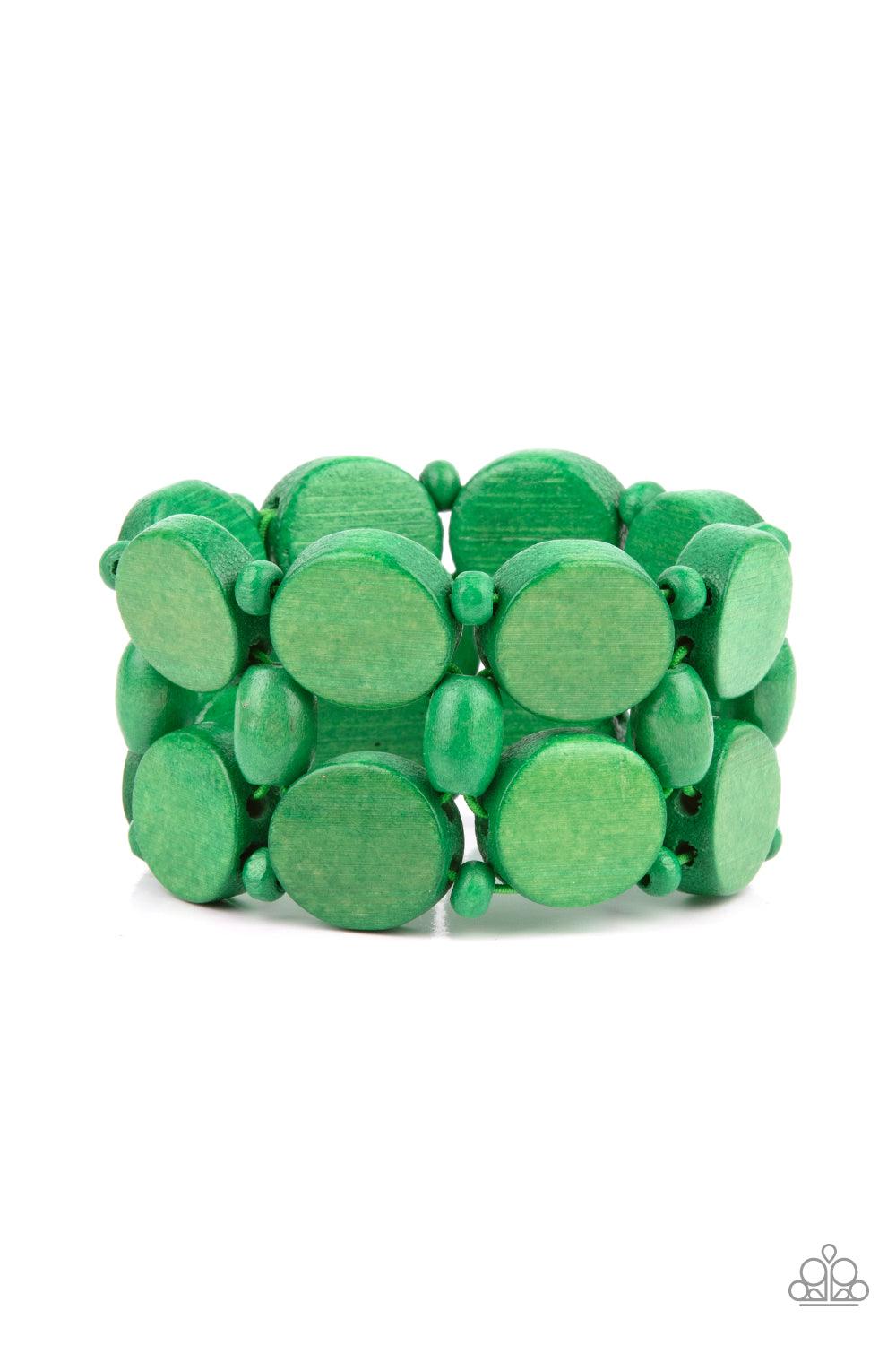 Paparazzi Accessories Beach Bravado - Green Earthy green wooden discs and beads are threaded along braided stretchy bands around the wrist, creating a summery display. Sold as one individual bracelet. Bracelets