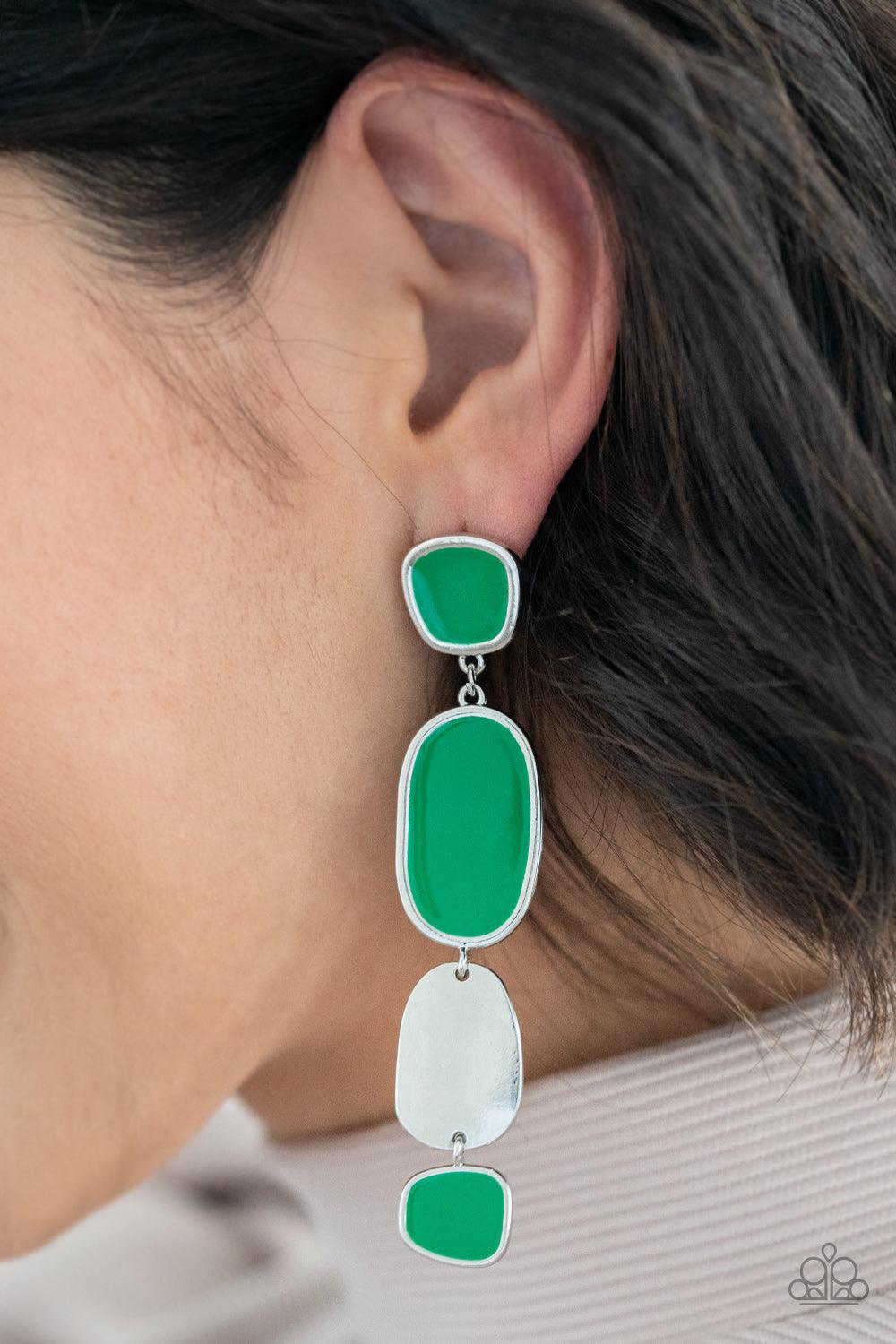 Paparazzi Accessories All Out Allure - Green Painted in a shiny Mint finish, asymmetrical frames attach to a single silver frame, creating an abstract lure. Earring attaches to a standard post fitting. Sold as one pair of post earrings. Jewelry