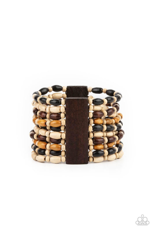 Paparazzi Accessories Cayman Carnival - Multi Held together with rectangular wooden frames, an earthy collection of white wooden beads and black, brown, and tan oval wooden beads are threaded along stretchy bands around the wrist for a bold beach inspired