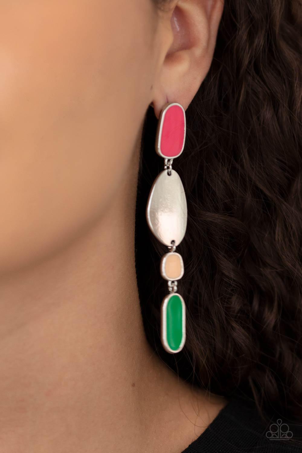 Paparazzi Accessories Deco By Design - Multi Painted in shiny Raspberry Sorbet, Desert Mist, and Mint finishes, a collection of asymmetrical frames link with a glistening silver frame, creating an abstract lure. Earring attaches to a standard post fitting
