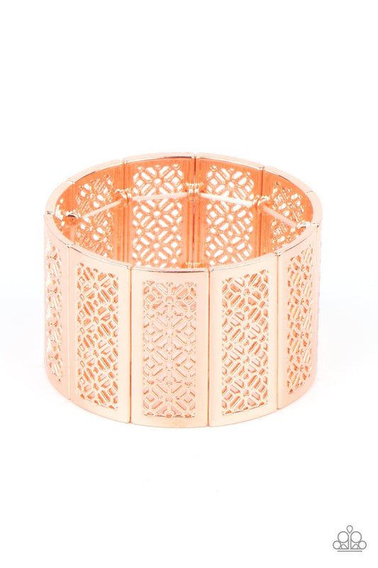 Paparazzi Accessories Thai Terrariums - Copper Filled with airy stenciled floral patterns, rectangular shiny copper frames are threaded along stretchy bands around the wrist, creating a whimsical centerpiece. Sold as one individual bracelet. Jewelry