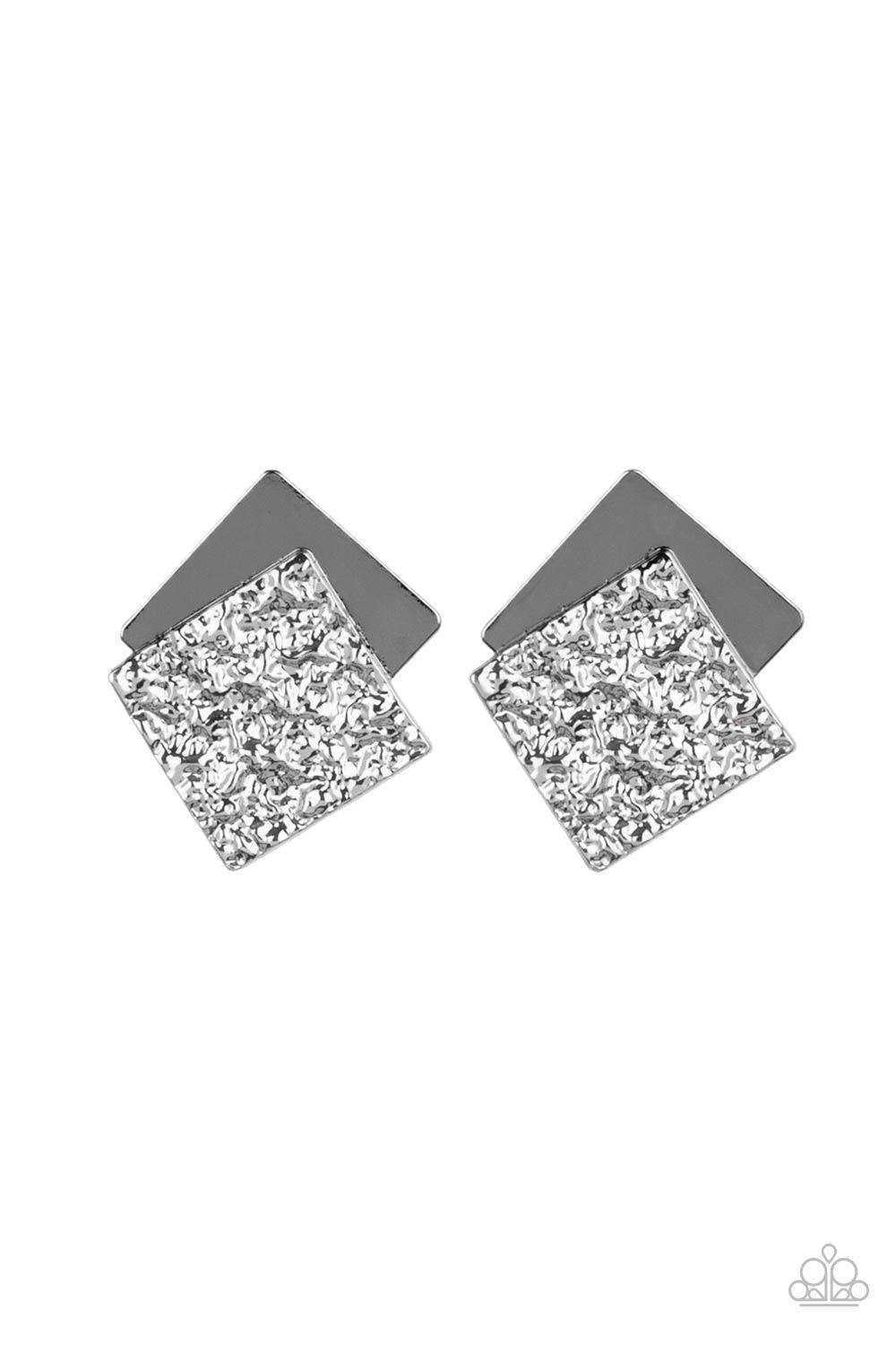 Paparazzi Accessories Square With Style - Black Embossed in gritty textures, a rough gunmetal square overlaps a plain gunmetal square, creating a stacked frame. Earring attaches to a standard post fitting. Sold as one pair of post earrings. Jewelry
