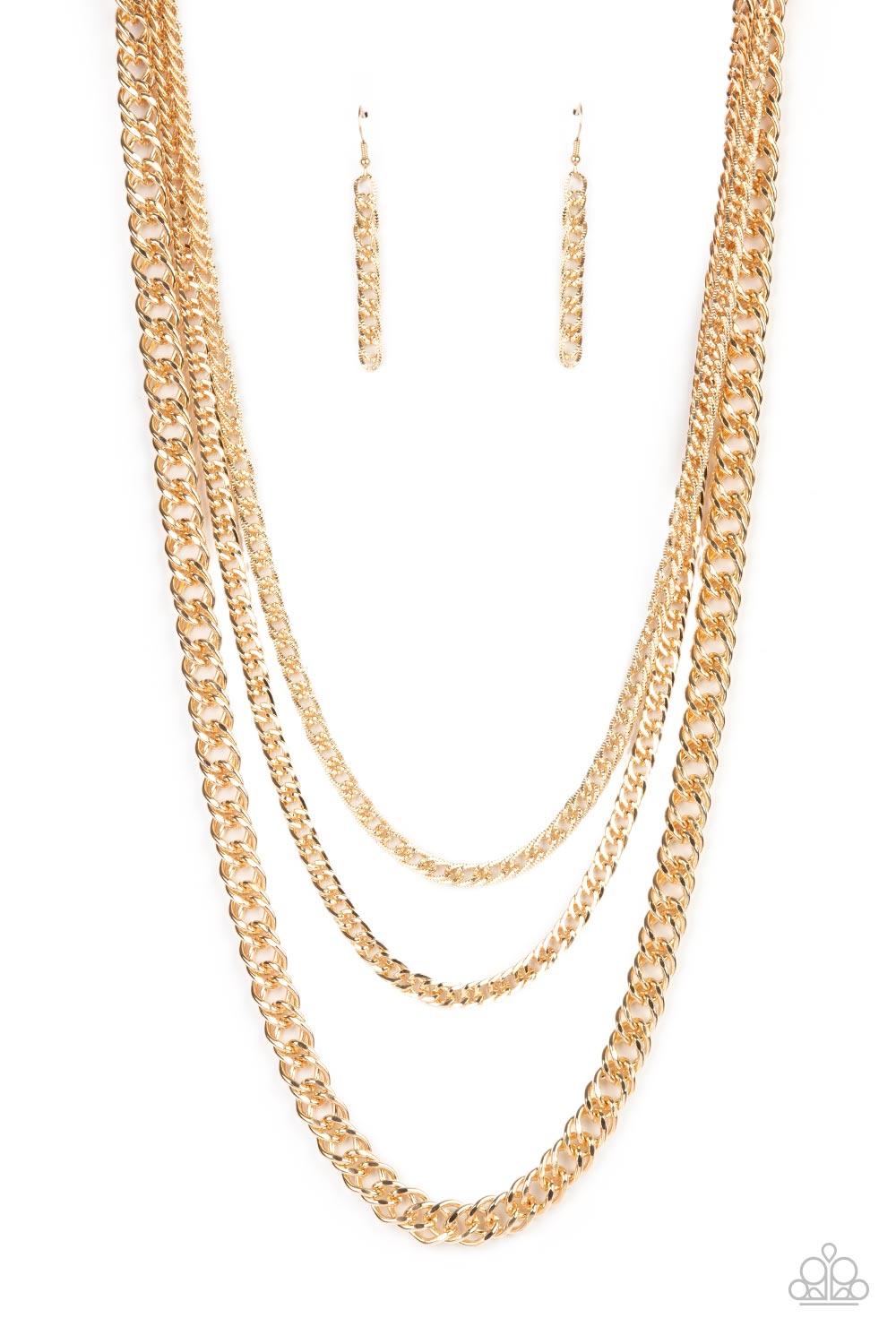 Paparazzi Accessories Chain of Champions - Gold Bold layers of glistening gold chain of varying sizes and textures, fall like a weighty medal across the chest creating a shimmering industrial effect. Features an adjustable clasp closure. Sold as one indiv