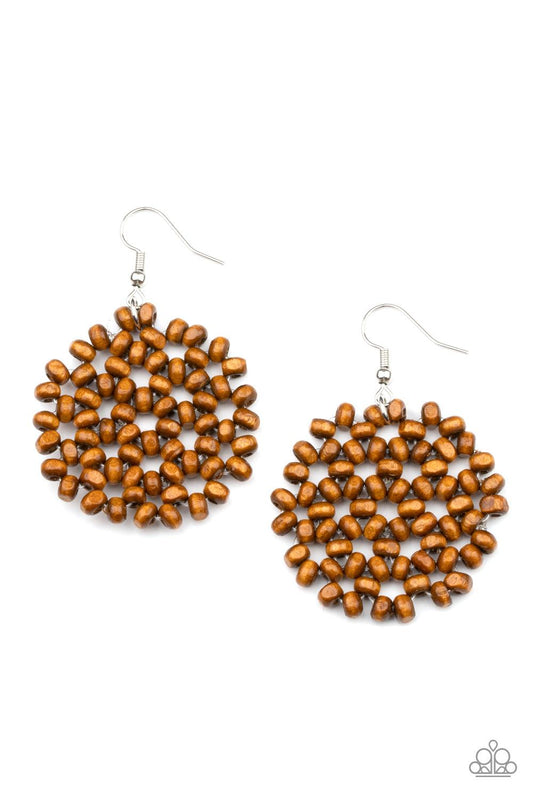 Paparazzi Accessories Summer Escapade - Brown Clusters of dainty brown wooden beads are threaded along invisible wires, creating a vivacious floral pattern frame for a summery flair. Earring attaches to a standard fishhook fitting. Sold as one pair of ear