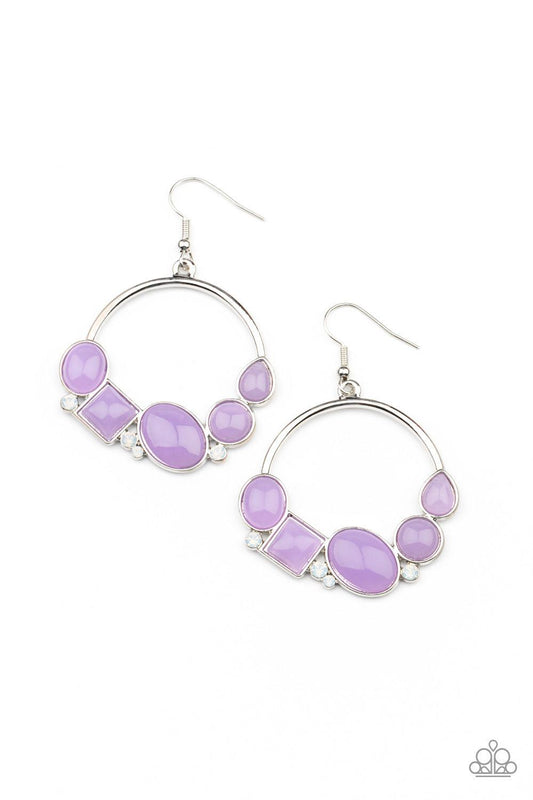 Paparazzi Accessories Beautifully Bubblicious - Purple Dainty opalescent white rhinestones are sprinkled between dewy oval, square, and circular purple beads along the bottom of a silver hoop, creating a bubbly pop of color. Earring attaches to a standard