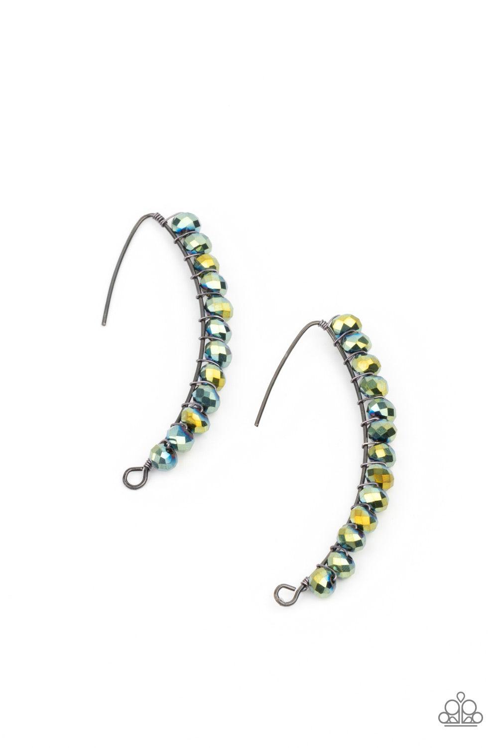 Paparazzi Accessories GLOW Hanging Fruit - Multi A glittery collection of iridescent flecked metallic blue rhinestones are fitted in place along a curved gunmetal wire, creating a glamorous hanging post. Earring attaches to a standard hanging post fitting