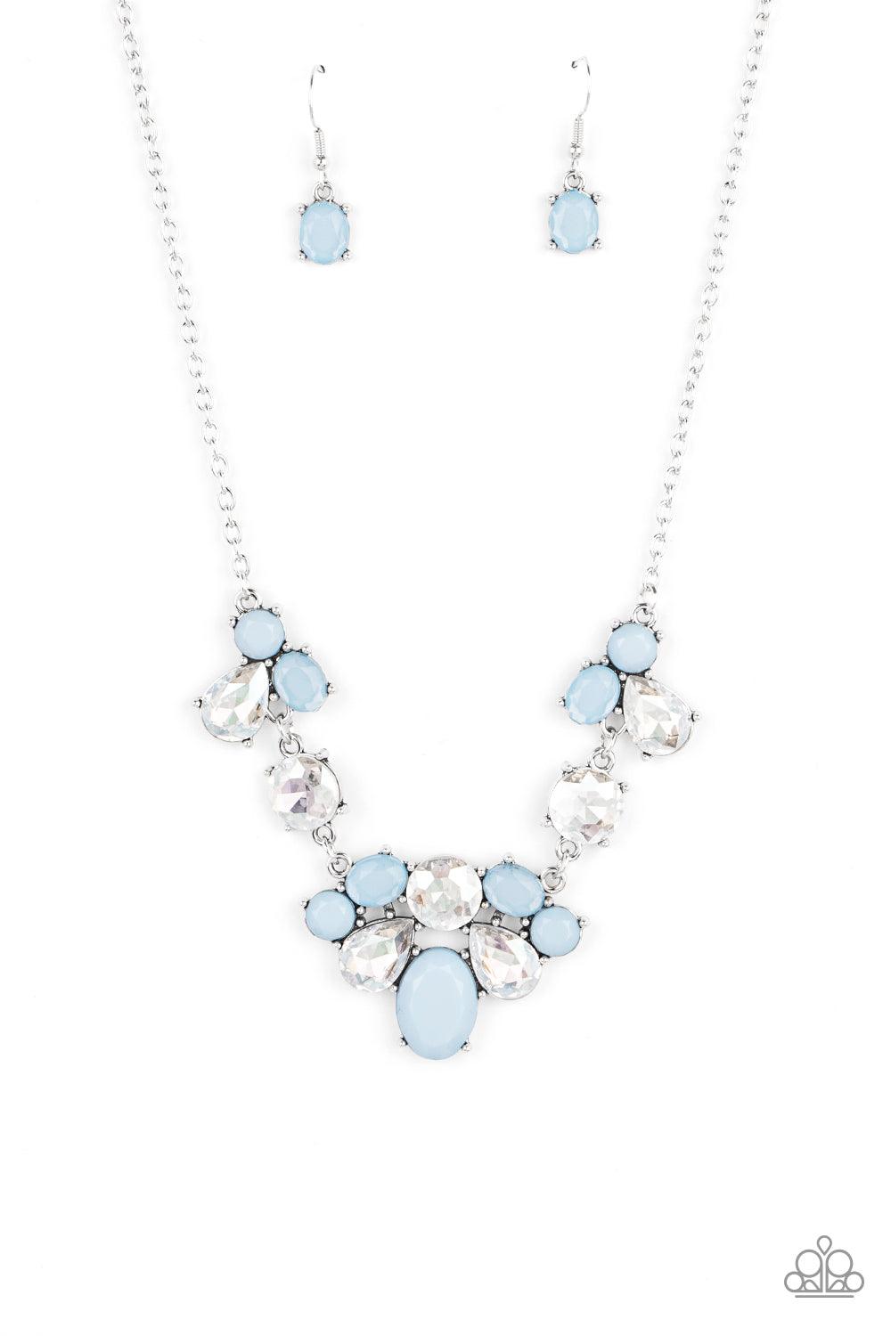 Paparazzi Accessories Ethereal Romance - Blue Varying in opacity and shape, mismatched Cerulean beads attach to oversized white rhinestones, creating bubbly frames that delicately link into an ethereal display below the collar. Features an adjustable clas