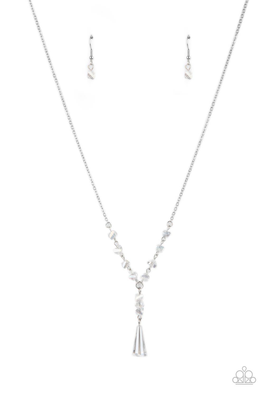 Paparazzi Accessories Olympian Oracle - White Featuring an iridescent shimmer, raw cut glassy beads trickle along a dainty silver chain, giving way to a tranquil crystal-like pendant below the collar. Features an adjustable clasp closure. Sold as one indi