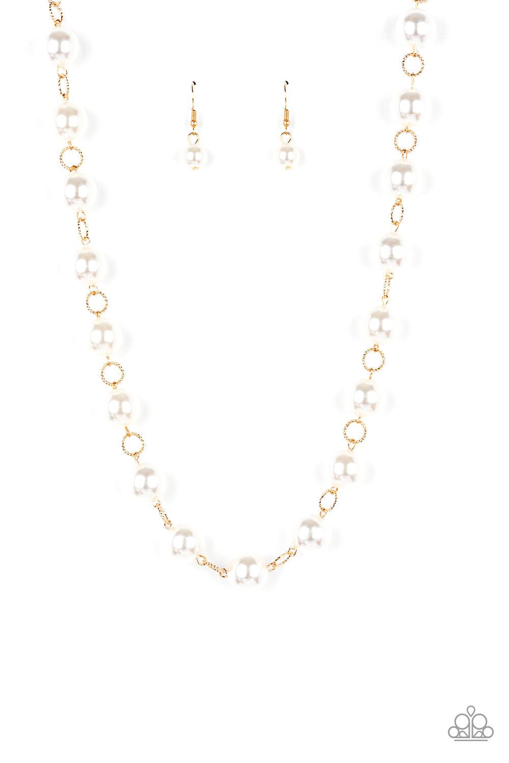 Paparazzi Accessories Ensconced in Elegance - Gold Textured gold rings and oversized white pearls delicately link into a bubbly statement piece below the collar. Features an adjustable clasp closure. Sold as one individual necklace. Includes one pair of m
