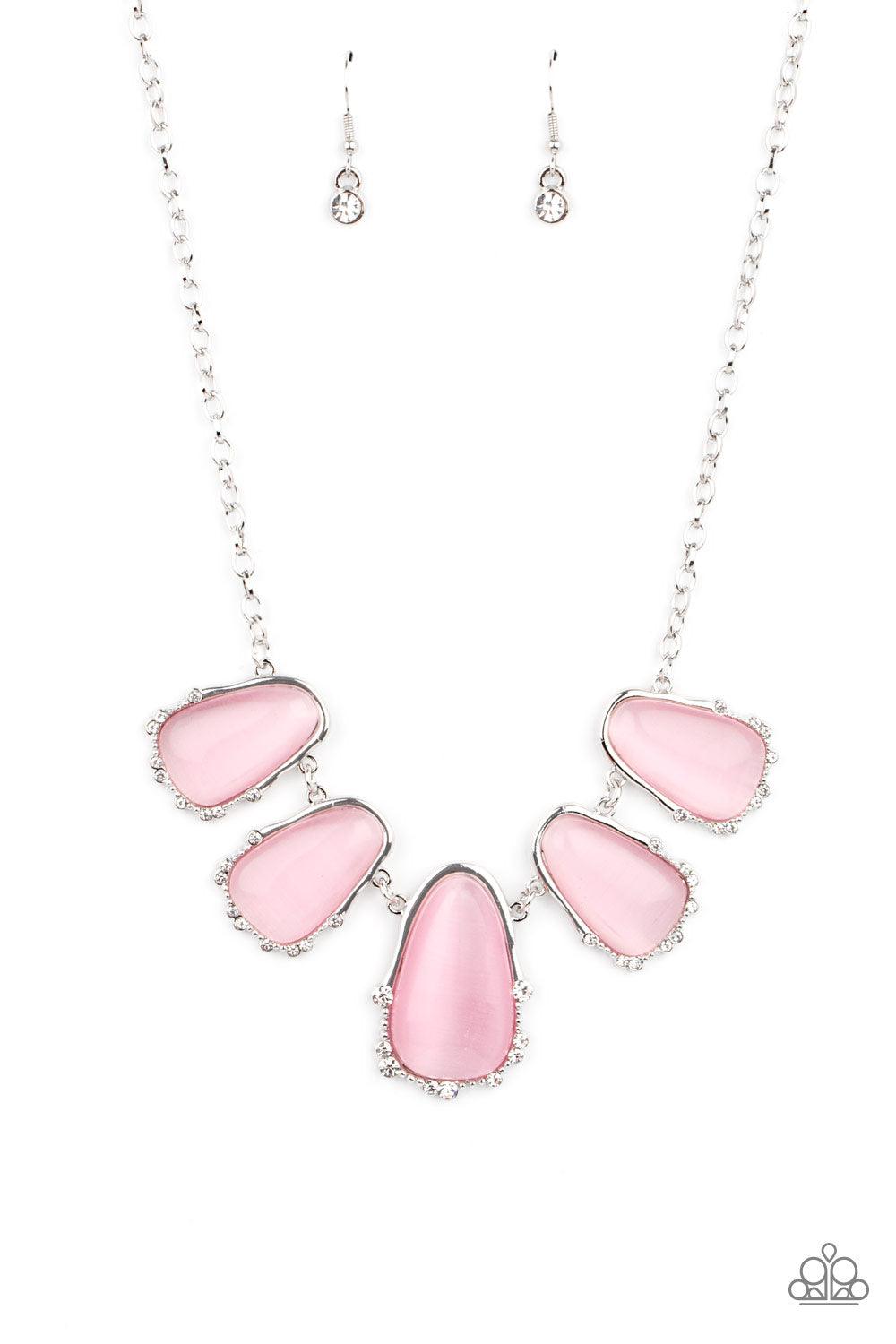 Paparazzi Accessories Newport Princess - Pink A collection of asymmetrical pink cat’s eye stone teardrops are encased inside imperfect silver frames as they delicately link below the collar. The dainty silver frames are sporadically dotted in dainty silve