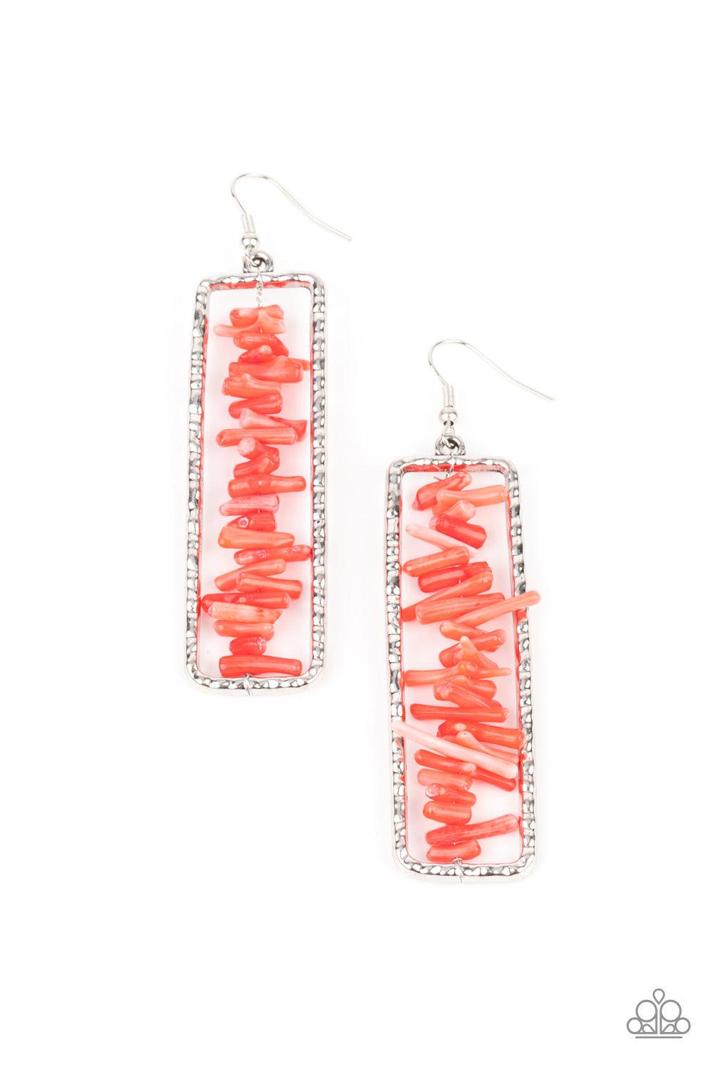 Paparazzi Accessories Don’t QUARRY, Be Happy - Red Bits of linear red rock are threaded along a metal rod inside a hammered silver rectangle, creating an earthy frame. Earring attaches to a standard fishhook fitting. Sold as one pair of earrings. Earrings
