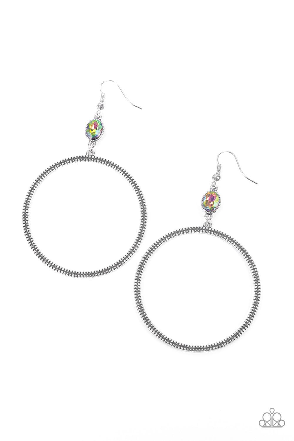 Paparazzi Accessories Work That Circuit - Multi A slim oversized silver ring, highlighted by two concentric circles of dotted texture, dangles from an oval oil spill gem for an edgy refined look. Earring attaches to a standard fishhook fitting. Sold as on