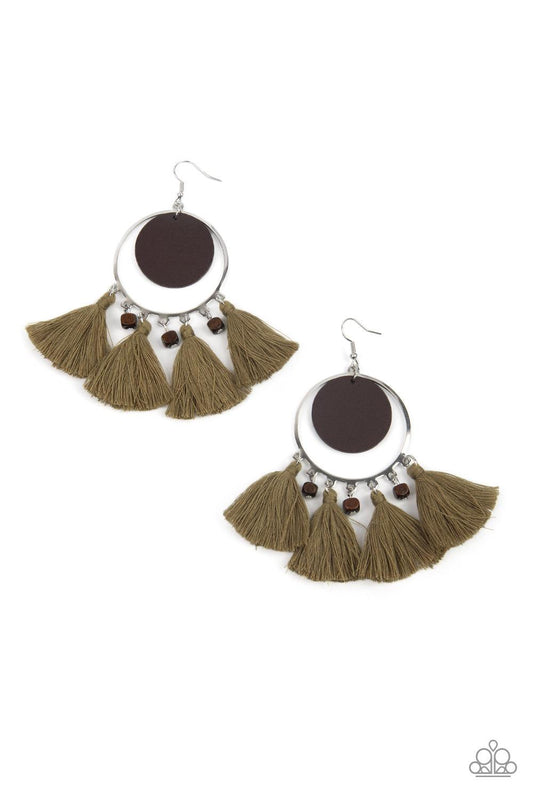 Paparazzi Accessories Yacht Bait - Green A wooden disc swings from the top of a shiny silver hoop that is adorned in dainty wooden cube beads and Willow threaded tassels, creating an earthy fringe. Earring attaches to a standard fishhook fitting. Sold as