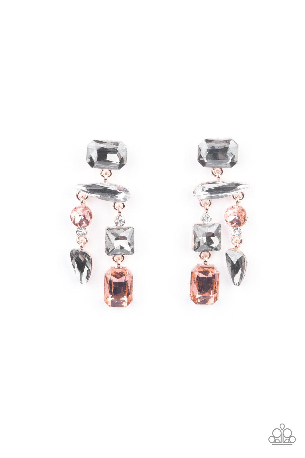 Paparazzi Accessories Hazard Pay - Multi Varying in shape, a smoldering collection of white, smoky, and topaz gems haphazardly link into an edgy chandelier of rose gold frames. Earring attaches to a standard post fitting. Sold as one pair of post earrings