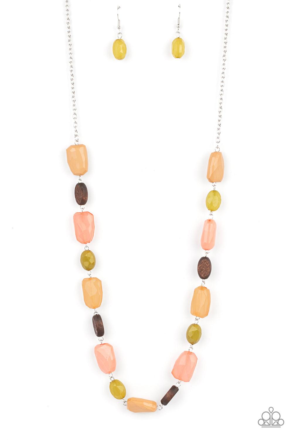 Paparazzi Accessories Meadow Escape - Multi Varying in opacity, a mixed assortment of faceted Willow, Burnt Coral, and Desert Mist beads delicately link with dainty wooden beads across the chest, creating a whimsically earthy display. Features an adjustab