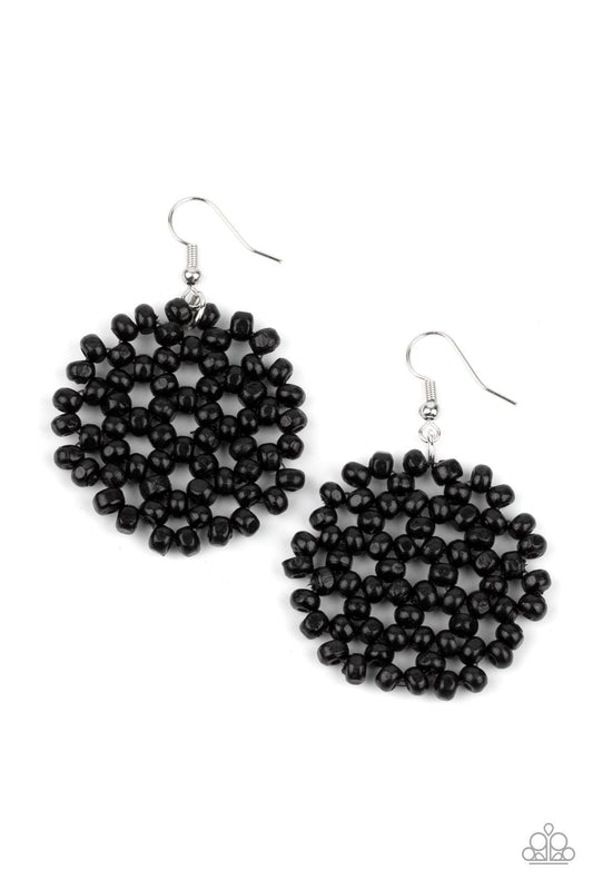 Paparazzi Accessories Summer Escapade - Black Clusters of dainty black wooden beads are threaded along invisible wire, creating a vivacious floral pattern frame for a summery flair. Earring attaches to a standard fishhook fitting. Sold as one pair of earr