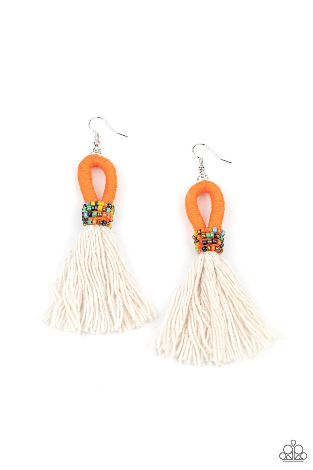 Paparazzi Accessories The Dustup - Orange A tassel of soft white cotton fans out under rows of brightly colored seed beads. Anchored by a loop of vibrant orange floss, the eye-catching style swings from the ear for a show-stopping statement. Earring attac