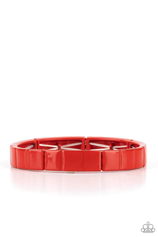 Paparazzi Accessories Material Movement - Red Metal rectangles painted in a fiery red finish are threaded along stretchy bands, forming a gorgeous pop of color that wraps around the wrist. Sold as one individual bracelet. Jewelry