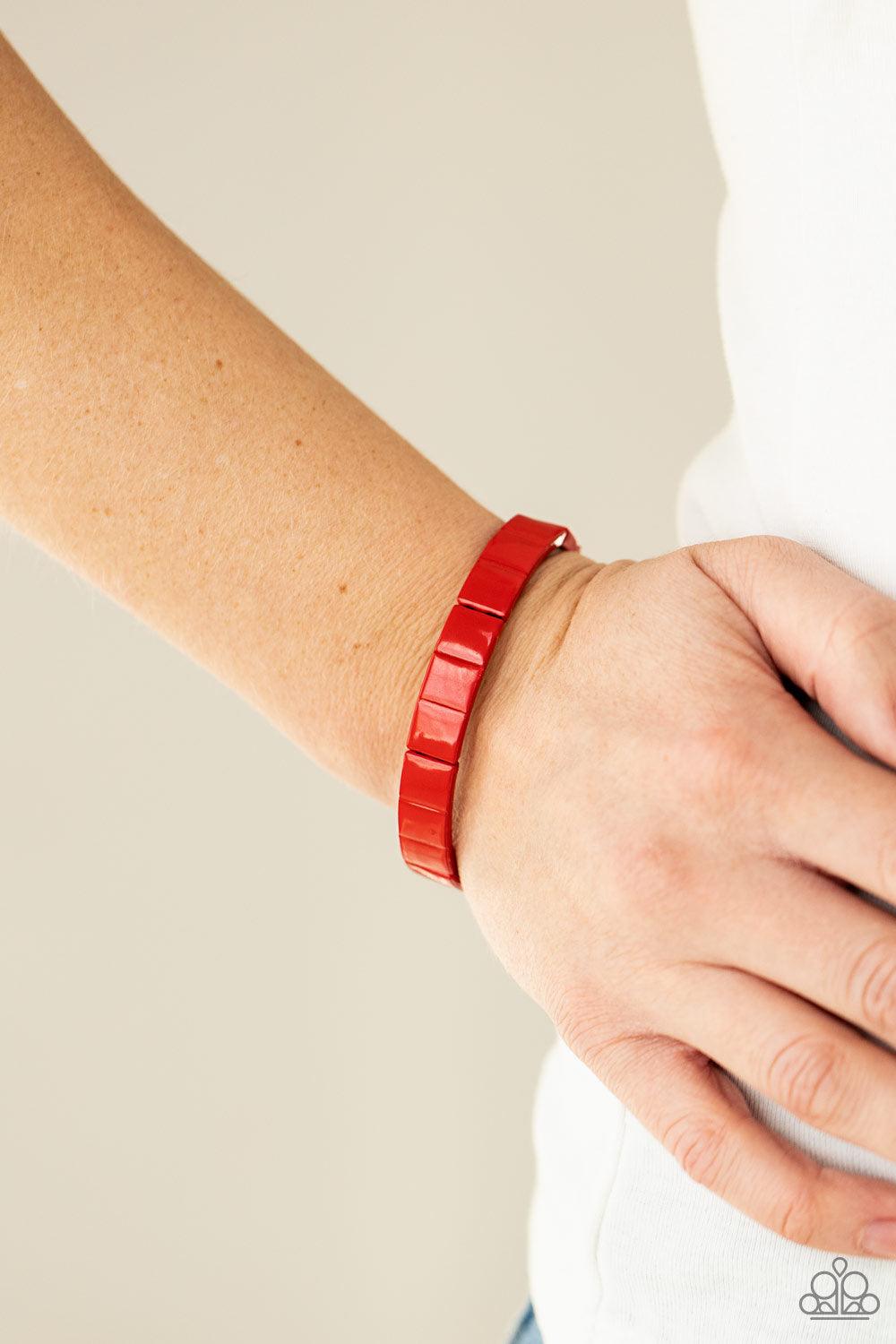 Paparazzi Accessories Material Movement - Red Metal rectangles painted in a fiery red finish are threaded along stretchy bands, forming a gorgeous pop of color that wraps around the wrist. Sold as one individual bracelet. Jewelry