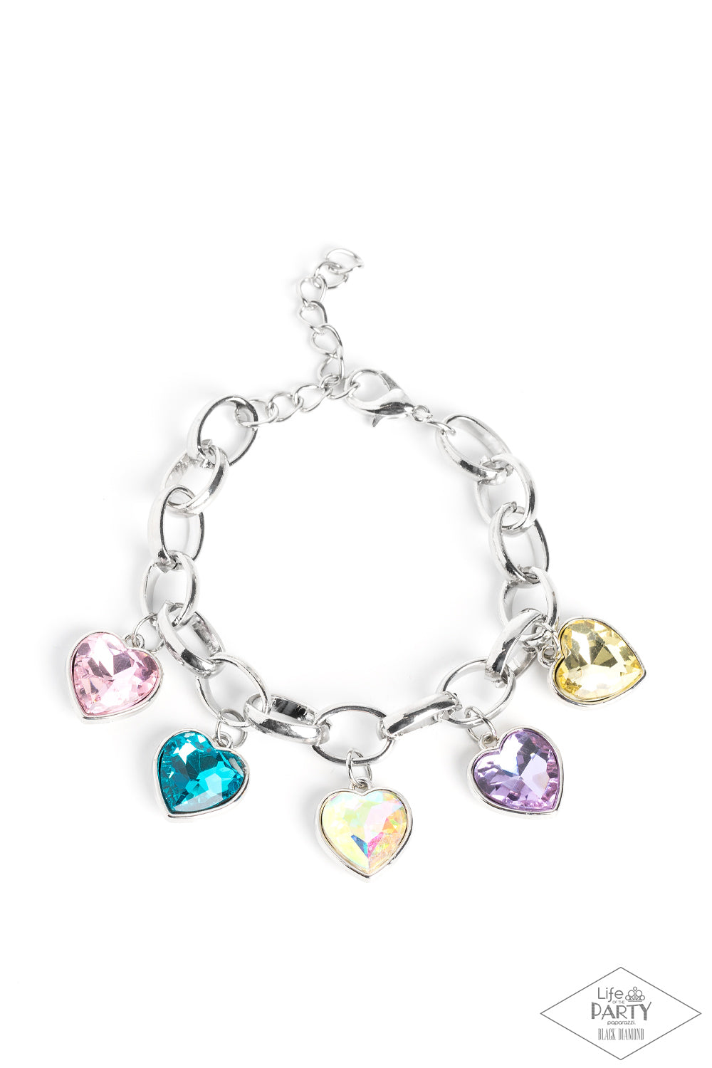 Paparazzi Accessories Candy Heart Charmer - Multi Multicolored heart-shaped gems are encased in sleek silver frames that swing from an oversized silver chain, creating a sparkly fringe around the wrist. Features an adjustable clasp closure. Due to its pri