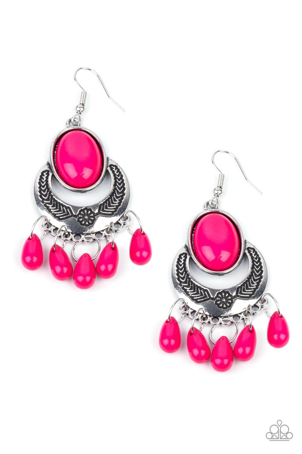 Paparazzi Accessories Prairie Flirt - Pink Raspberry Sorbet teardrop beads dance from the bottom of a half-moon silver frame stamped in floral detail, creating a flirty fringe. An oversized Raspberry Sorbet oval bead crowns the top of the frame for a powe