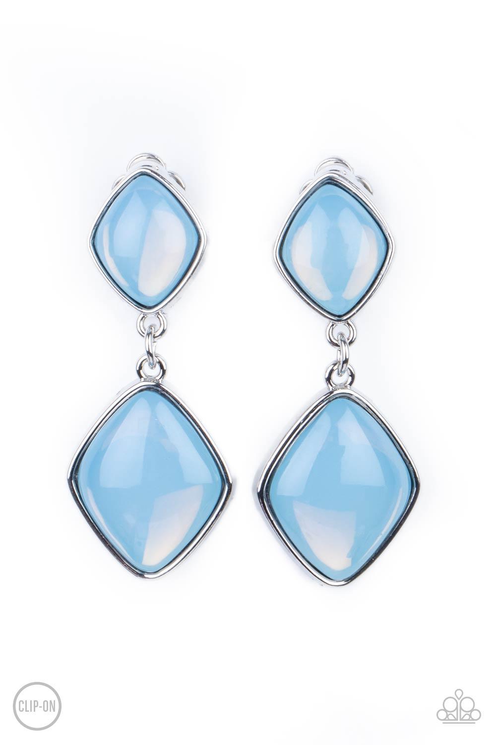 Paparazzi Accessories Double Dipping Diamonds - Blue *Clip-On A pair of diamond shaped Cerulean opals are pressed into the centers of rustic silver frames that link into an ethereal lure. Earring attaches to a standard clip-on fitting. Sold as one pair of