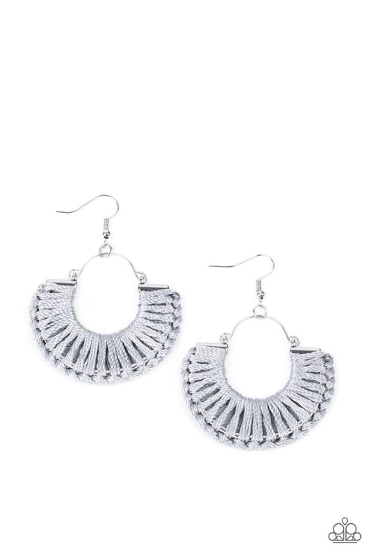 Paparazzi Accessories Threadbare Beauty - Silver Shiny Ultimate Gray thread wraps and knots around a silver half moon frame, creating a colorful boho frame. Earring attaches to a standard fishhook fitting. Sold as one pair of earrings. Jewelry