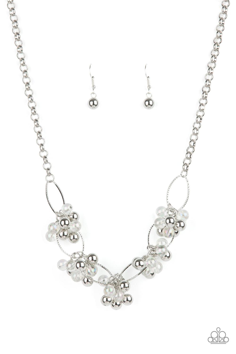 Paparazzi Accessories Effervescent Ensemble - Multi Clusters of glassy iridescent and shiny silver beads link with textured silver ovals, creating a bubbly effervescence below the collar. Features an adjustable clasp closure. Sold as one individual neckla