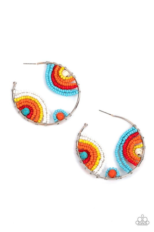 Paparazzi Accessories Rainbow Horizons - Multi Rows of turquoise, red, orange, yellow, and white seed beads curl around turquoise, orange, and white stone centers, creating colorful rainbows inside a delicate wire wrapped hoop. Hoop measures approximately