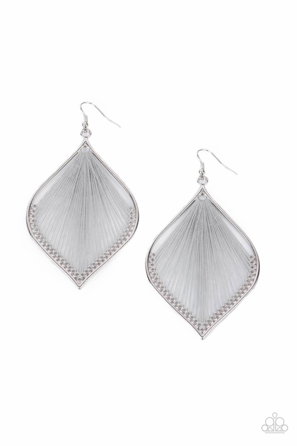 Paparazzi Accessories String Theory - Silver Ultimate Gray string is threaded through small hoops inside a silver mandala-shaped frame for a vibrant artistic adornment. Earring attaches to a standard fishhook fitting. Sold as one pair of earrings. Jewelry