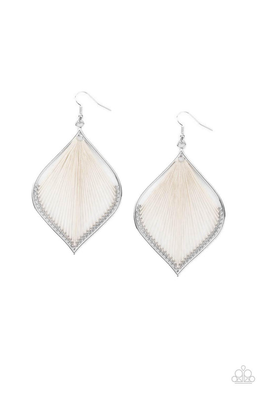 Paparazzi Accessories String Theory - White White string is threaded through small hoops inside a silver mandala-shaped frame for a vibrant artistic adornment. Earring attaches to a standard fishhook fitting. Sold as one pair of earrings. Jewelry