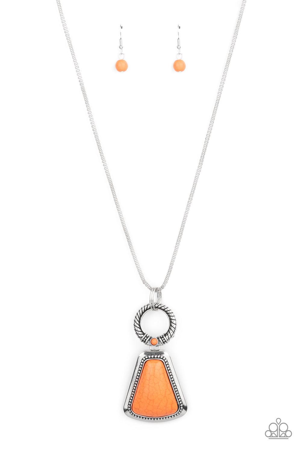 Paparazzi Accessories Stone Prairies - Orange A flared triangular orange stone is pressed into the center of a studded silver frame. A textured ring, dotted with a dainty orange stone, links to the top of the stone creating a dramatically earthy pendant a